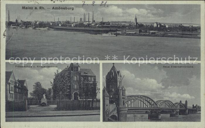 Mainz Rhein Amoeneburg Froebelschule Kriegerdenkmal Neue Eisenbahnbruecke