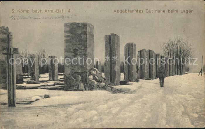 Militaria WK1 Abgebranntes gut nahe beim Lager 2 Komp Bayr Arm.-Batl. 4