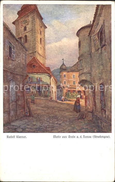 Grein Donau Oberoesterreich Kuenstlerkarte Rudolf Kierner Dorfmotiv Kirche