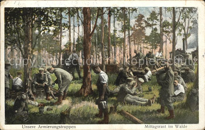 Militaria WK1 Armierungstruppen Mittagsrast im Walde