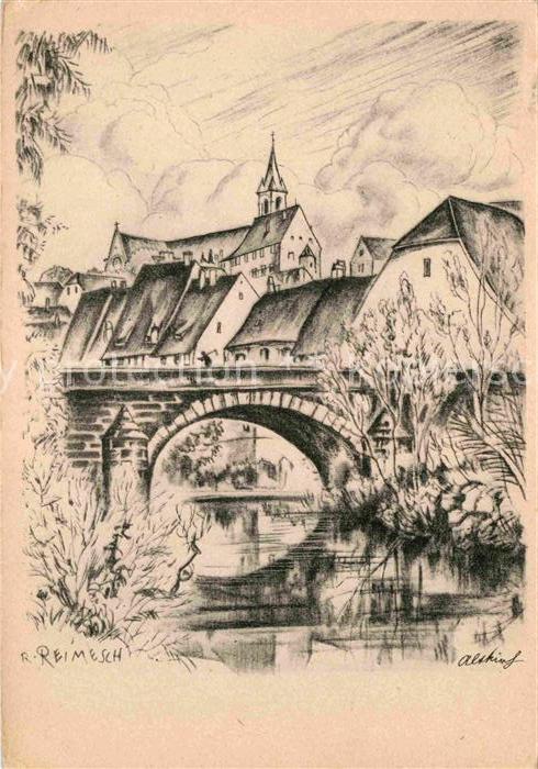 Altkirch Elsass Partie an der roten Bruecke Zeichnung