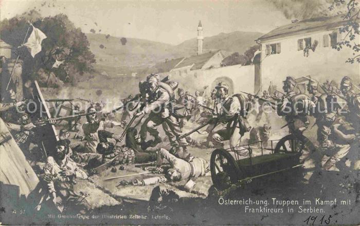 Militaria Osten oesterreich-ung. Truppen im Kampf mit Franktireurs in Serbien WK