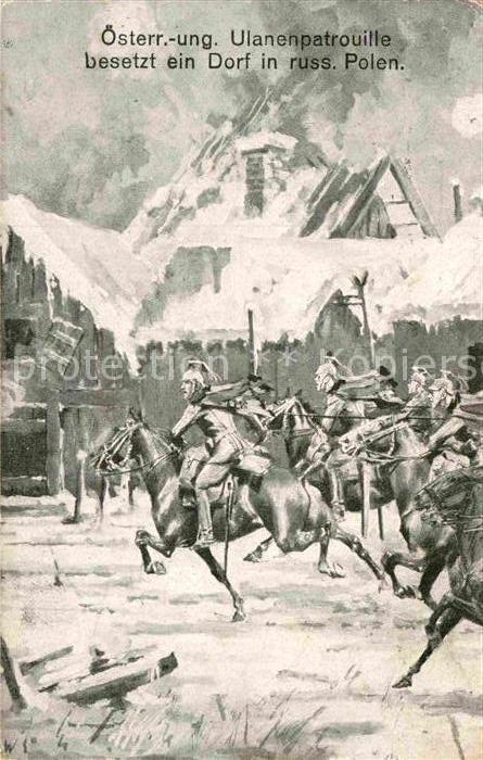 Militaria Kavallerie WK1 ?sterr-Ungar. Ulanenpatrouille besetzt ein Dorf in russ