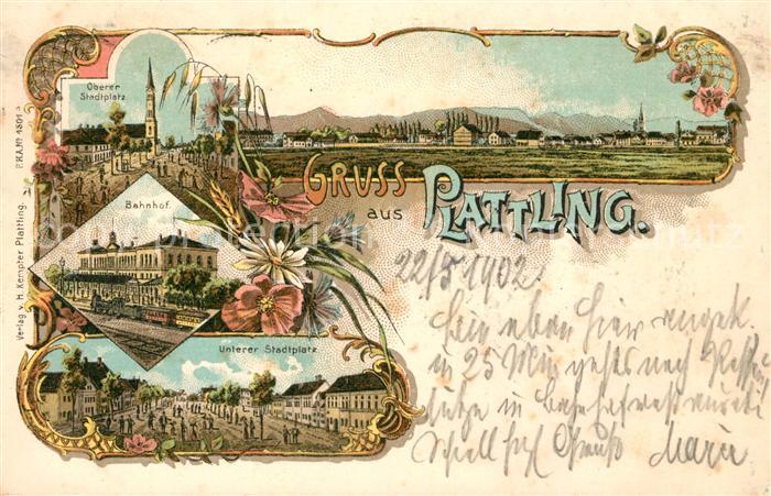 Plattling Isar Bayern Bahnhof Oberer und Unterer Stadtplatz Litho