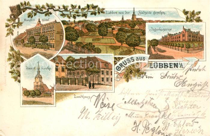 Luebben Spreewald Jaegerkaserne Mundt's Hotel Landhaus Hauptkirche Litho