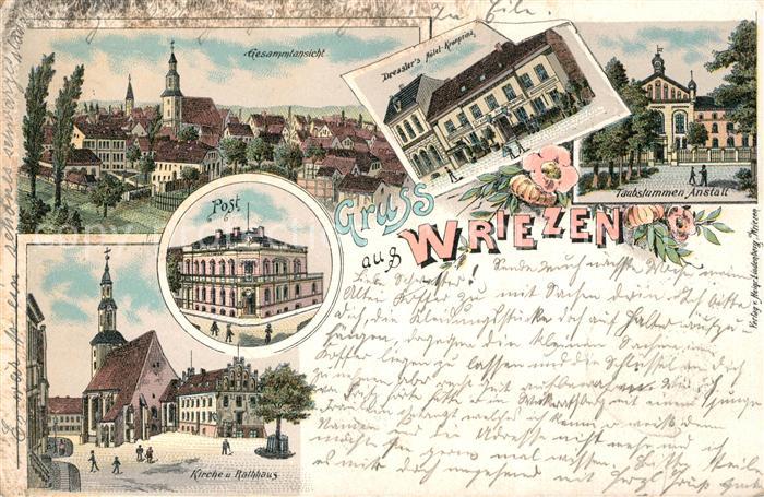 Wriezen Post Dressler's Hotel-Kronprinz Taubstummen-Anstalt Kirche Litho
