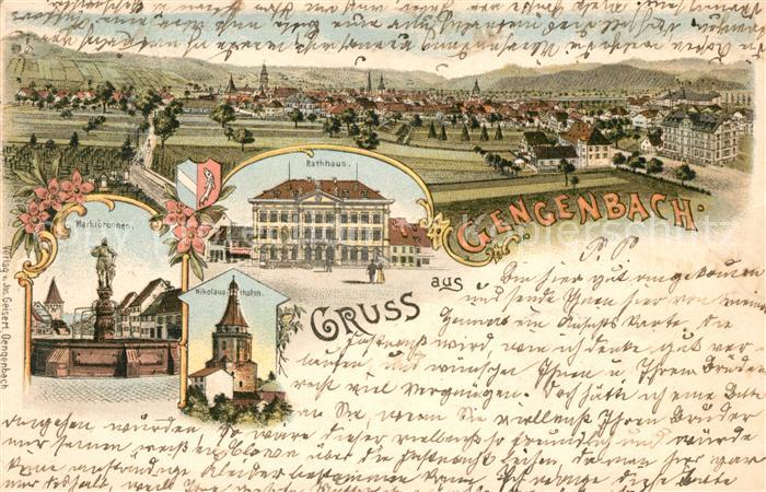 Gengenbach Marktbrunnen Rathaus Nikolausturm Litho