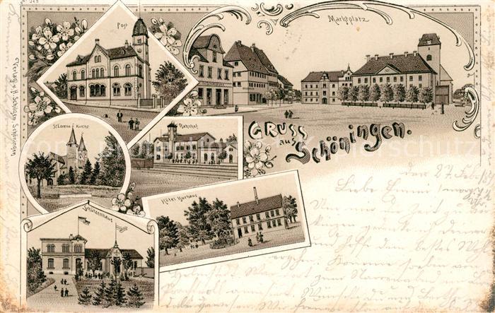 Schoeningen Post Bahnhof Schuetzenhaus Hotel Kurhaus Marktplatz Litho