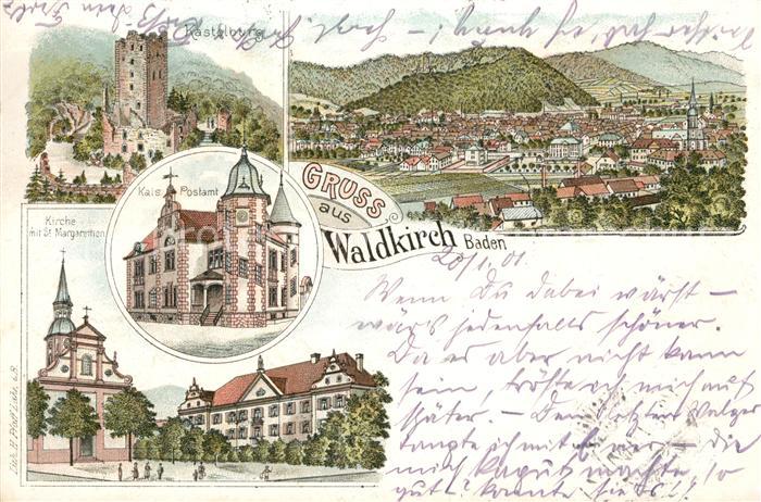 Waldkirch Breisgau Postamt Kirche St. Margarethen Litho