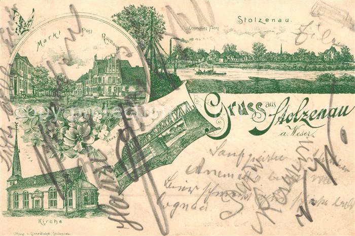 Stolzenau Weser Kirche Markt Post Rathaus Neue Bruecke Litho