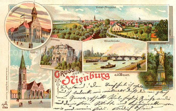 Nienburg Weser Rathaus Kirche Weserbruecke Schloss Kriegerdenkmal Litho