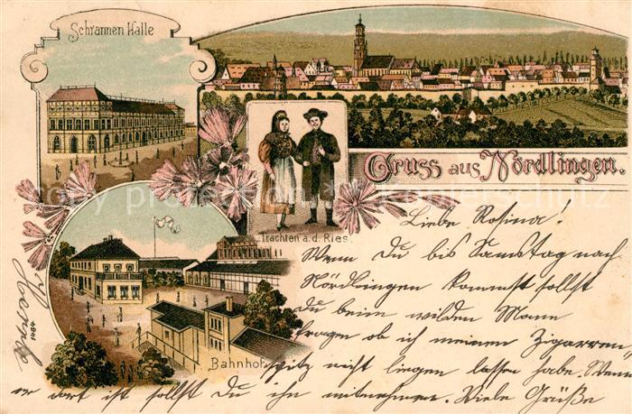 Noerdlingen Schrannen-Halle Bahnhof Trachten Litho