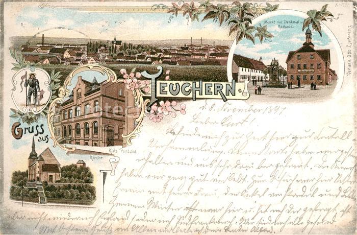 Teuchern Postamt Kirche Markt Denkmal Rathaus Litho