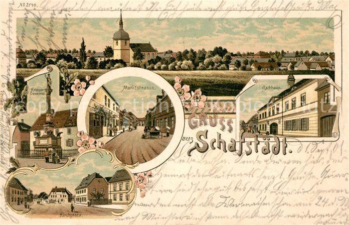 Schafstaedt Marktstrasse Kirchplatz Rathaus Kriegerdenkmal Litho