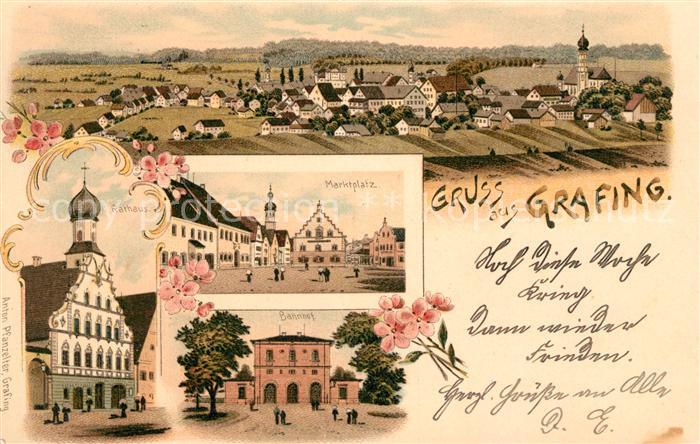 Grafing Muenchen Rathaus Marktplatz Bahnhof Litho