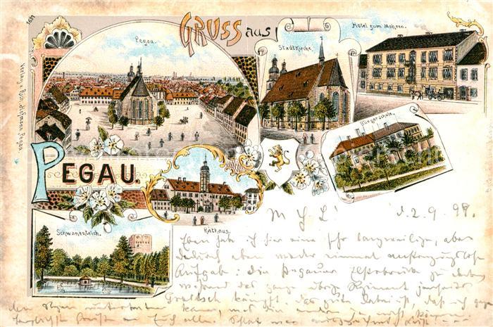 Pegau Hotel zum Mohren Buergerschule Rathaus Kirche Litho