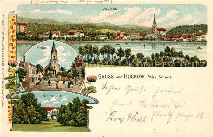 Buckow Maerkische Schweiz Kirche Schlosspark Westseite Litho