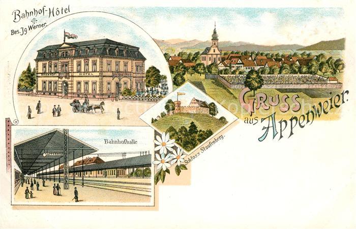 Appenweier Bahnhof-Hotel Bahnhofhalle Schloss Staufenberg Litho