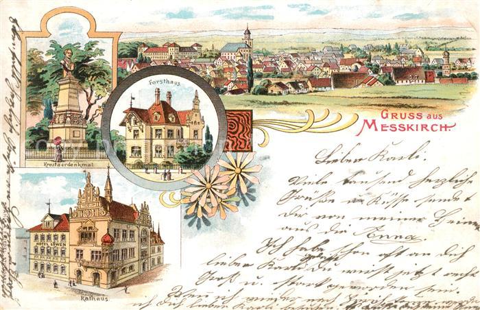 Messkirch Rathaus Forsthaus Kreutzerdenkmal Litho