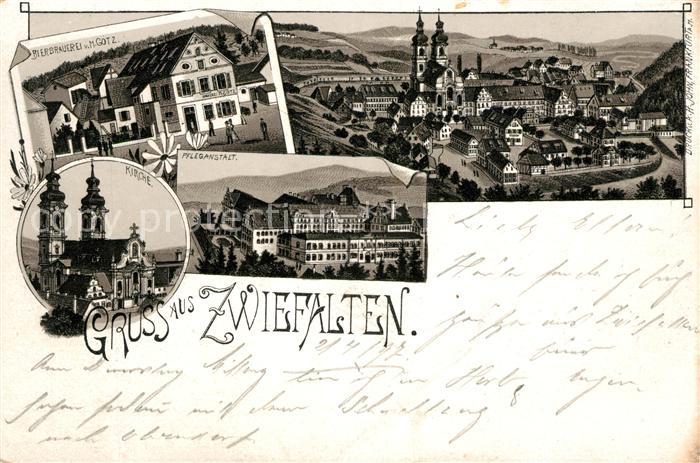 Zwiefalten Wuerttemberg Bierbrauerei Goetz Kirche Pflegeanstalt Litho