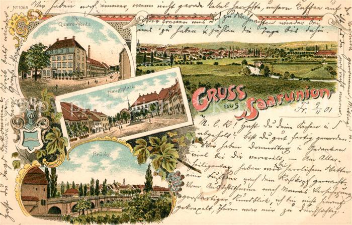 Saarunion Quatre-Vents Hauptplatz Brücke Litho