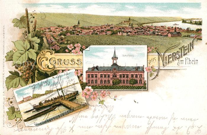 Nierstein Rhein Schulhaus Rheinfaehre Litho