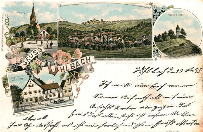 Uhlbach Stuttgart Gasthaus zur Linde Kirche Melac-Turm Litho