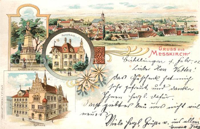 Messkirch Forsthaus Rathaus Kreutzerdenkmal Litho