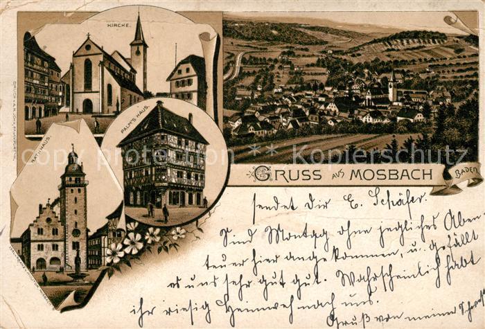 Mosbach Baden Kirche Rathaus Palm's Haus Litho