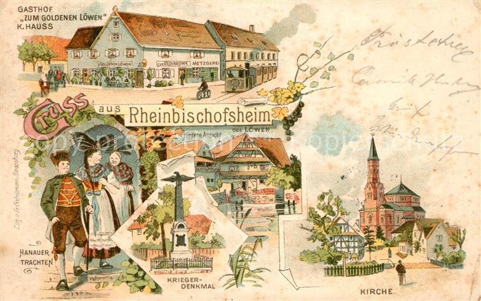 Rheinbischofsheim Gasthof zum Goldenen Loewen Hanauer-Trachten Kirche Litho