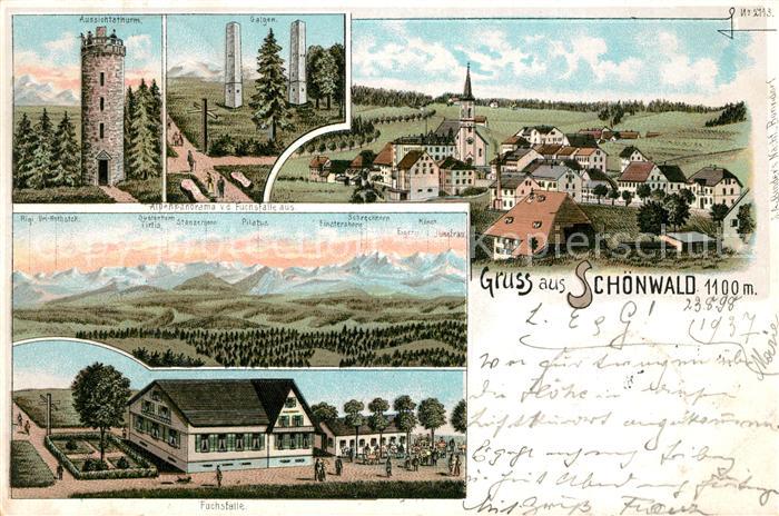 Schoenwald Schwarzwald Fuchsfalle Galgen Aussichtsturm Litho