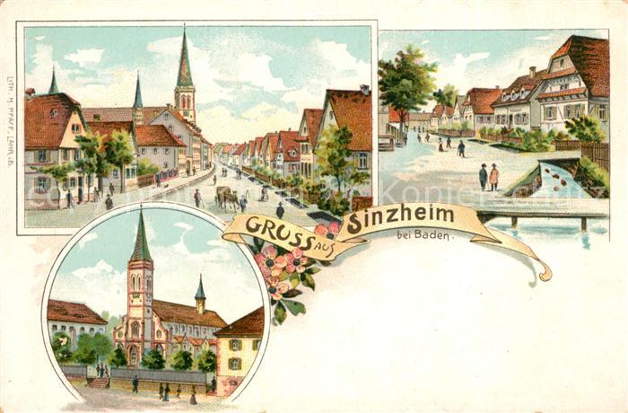 Sinzheim Strassenpartie Kirche Litho