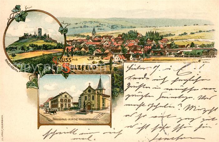 Sulzfeld Baden Pfarrhaus Kirche Kriegerdenkmal Ravensburg Litho