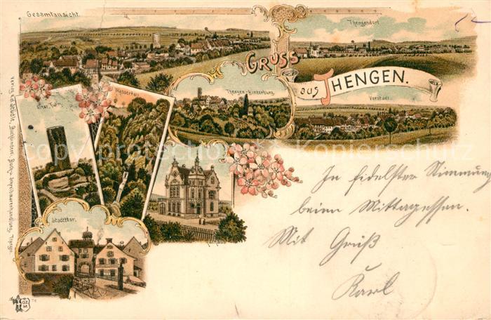 Tengen Rathaus Stadttor Wasserfall Litho