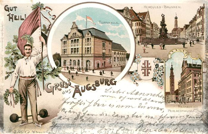 Augsburg Turnhalle Hercules-Brunnen Rathaus Perlachturm Litho