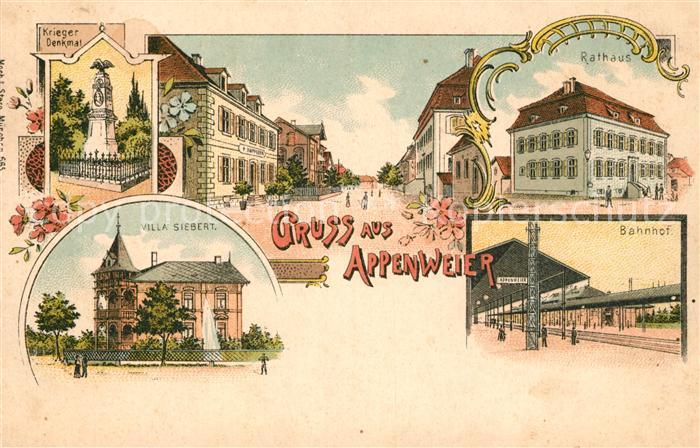 Appenweier Villa Siebert Bahnhof Rathaus Kriegerdenkmal Litho