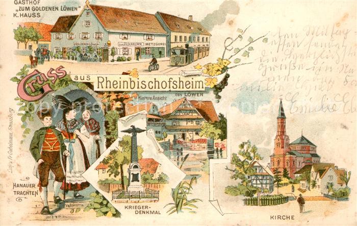 Rheinbischofsheim Gasthof zum Goldenen Loewen Hanauer Trachten Kirche Litho