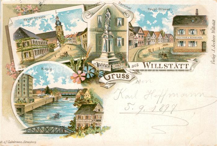 Willstaett Hauptstrasse Kinzig Gasthaus zum Schwanen Kriegerdenkmal Litho