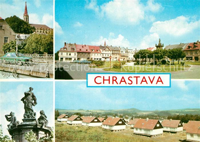 Chrastava Blick zur Kirche Statuen Platz Siedlung