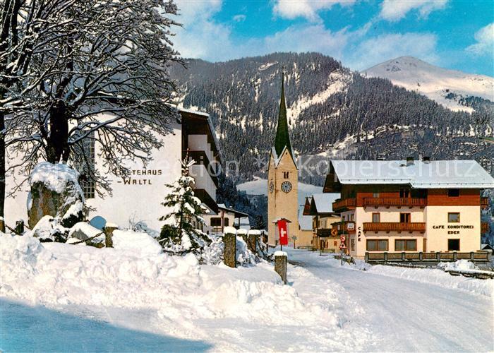 Krimml Ortsmotiv mit Kirche Gaestehaus Cafe Konditorei Wintersportplatz Alpen