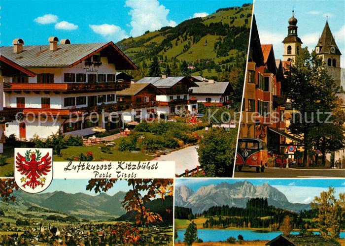 Kitzbuehel Tirol Strassenbild mit Haus Toni Sailer Vorderstadt Kirche Schwarzsee