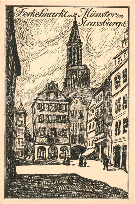 Strassburg Elsass Ferkelmarkt mit Muenster Zeichnung