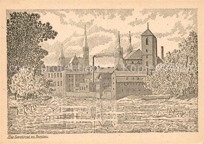 Breslau Niederschlesien Die Sandinsel Zeichnung
