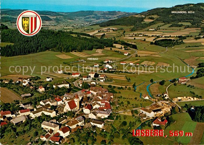 Lasberg Fliegeraufnahme mit Pfarrkirche Freibad Dorfschmiede