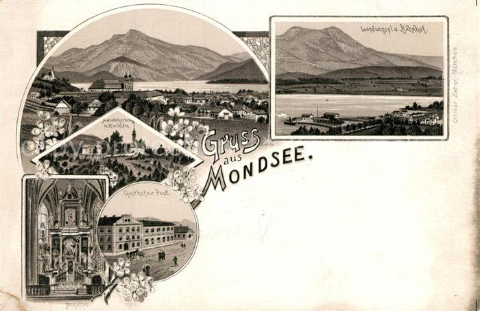 Mondsee Salzkammergut Mariahilferberg mit Kirchlein Gasthof zur Post Landungspla