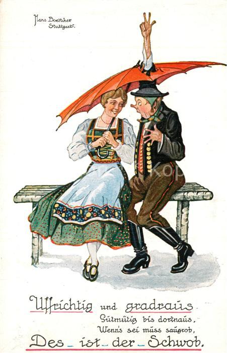 Boettcher Hans Stuttgart Trachten Regenschirm Humor Schwabe