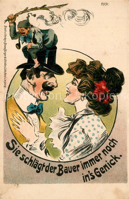 Verlag B?rger Leipzig Nr. 7331 Humor Bauer Pfeife Genick Mann Frau Zylinder Lith