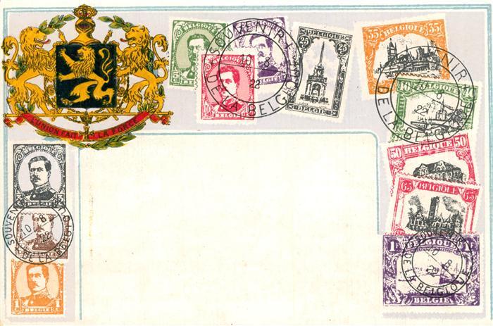 Briefmarken auf Postkarte Belgien Wappen