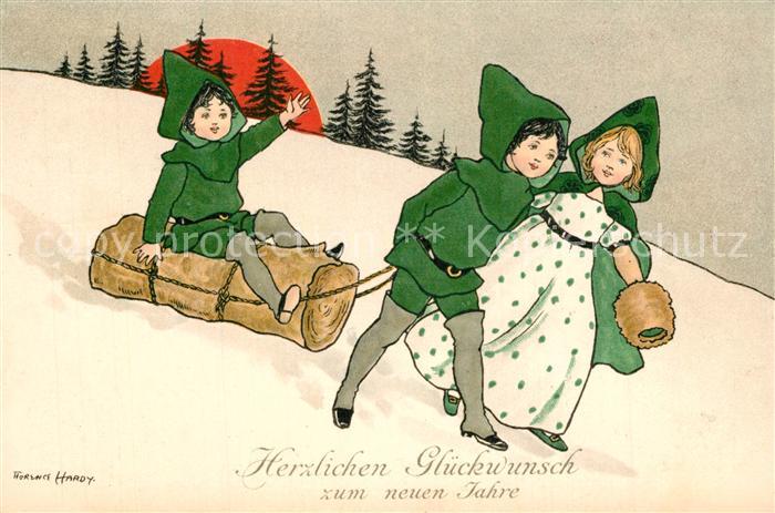 Kuenstlerkarte Florence Hardy Neujahr Kinder Muff