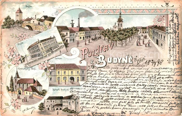 Budyne nad Ohri Schule Kirche Stadtpanorama